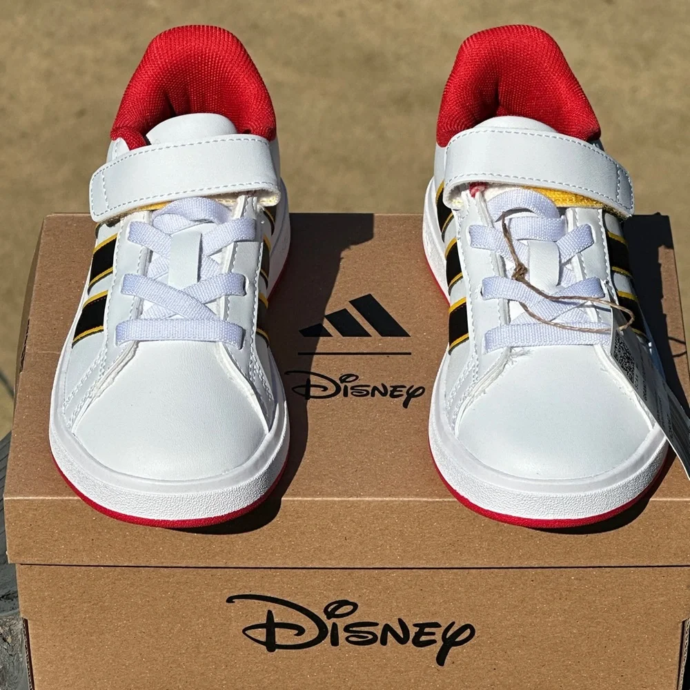 Adidas Grand Court + Mickey Mouse Kids Sneakers 12K 1.5Y White Red Youth GS NEW
